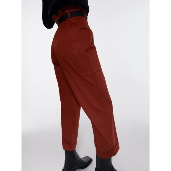 Red Zara Paperbag Waist Cropped Cuff-Hem Wide-Leg Pants Trousers (NWT) - Picture 5 of 7